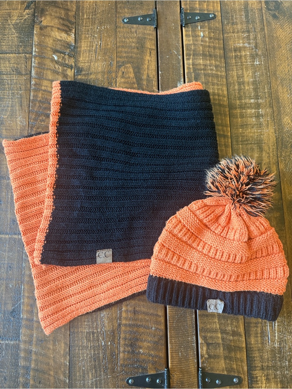 C.C. Beanie & Infinity Scarf Set | Black & Orange Knit Winter Hat with Pom Pom